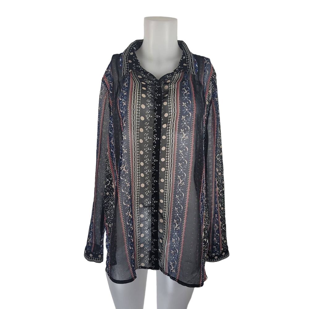 Free People Black Tan Floral Semi Sheer Long Sleeve Women's Blouse L